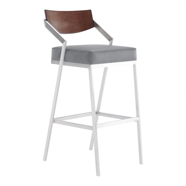 Armen Living Armen Living LCDKBABSGR30 26 in. Dakota Mid-Century Counter Height Barstool; Brushed Stainless Steel with Grey Faux Leather & Walnut Wood Finish Back LCDKBABSGR30